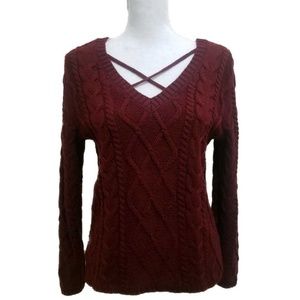 Burgundy Cross Front V-Neck Cable Knit Sweater XS